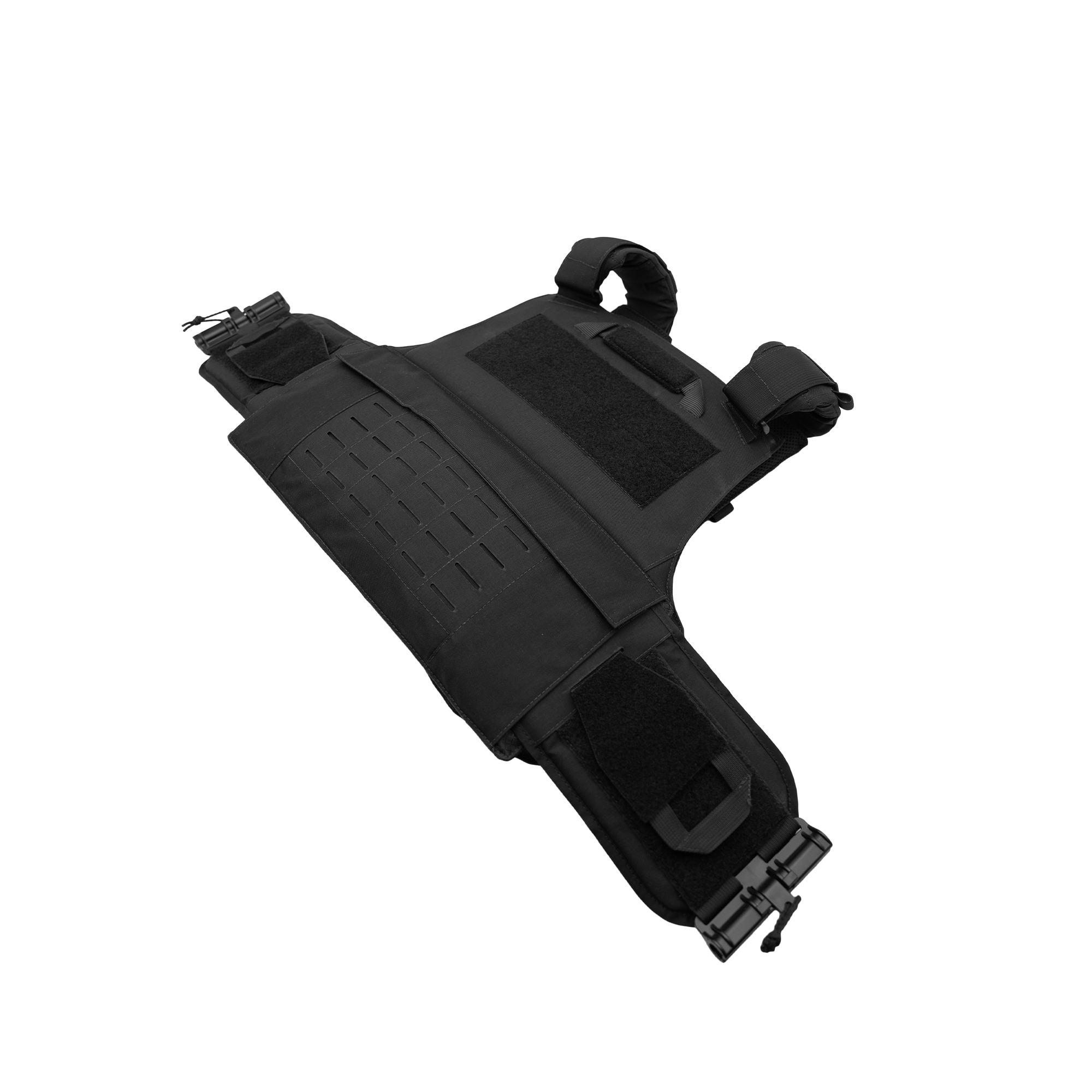 Black tactical vest with adjustable straps and Velcro patches laid flat on a white background.