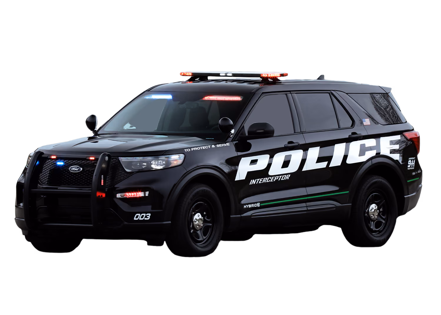 Black Ford police interceptor SUV with flashing red and blue lights parked on a road.