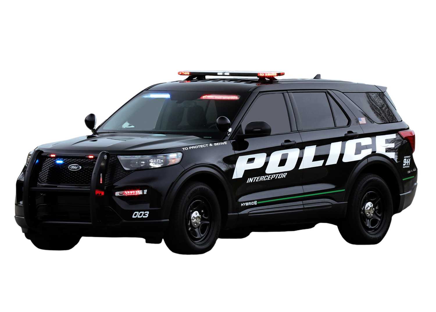 Black Ford police interceptor SUV with flashing red and blue lights parked on a road.