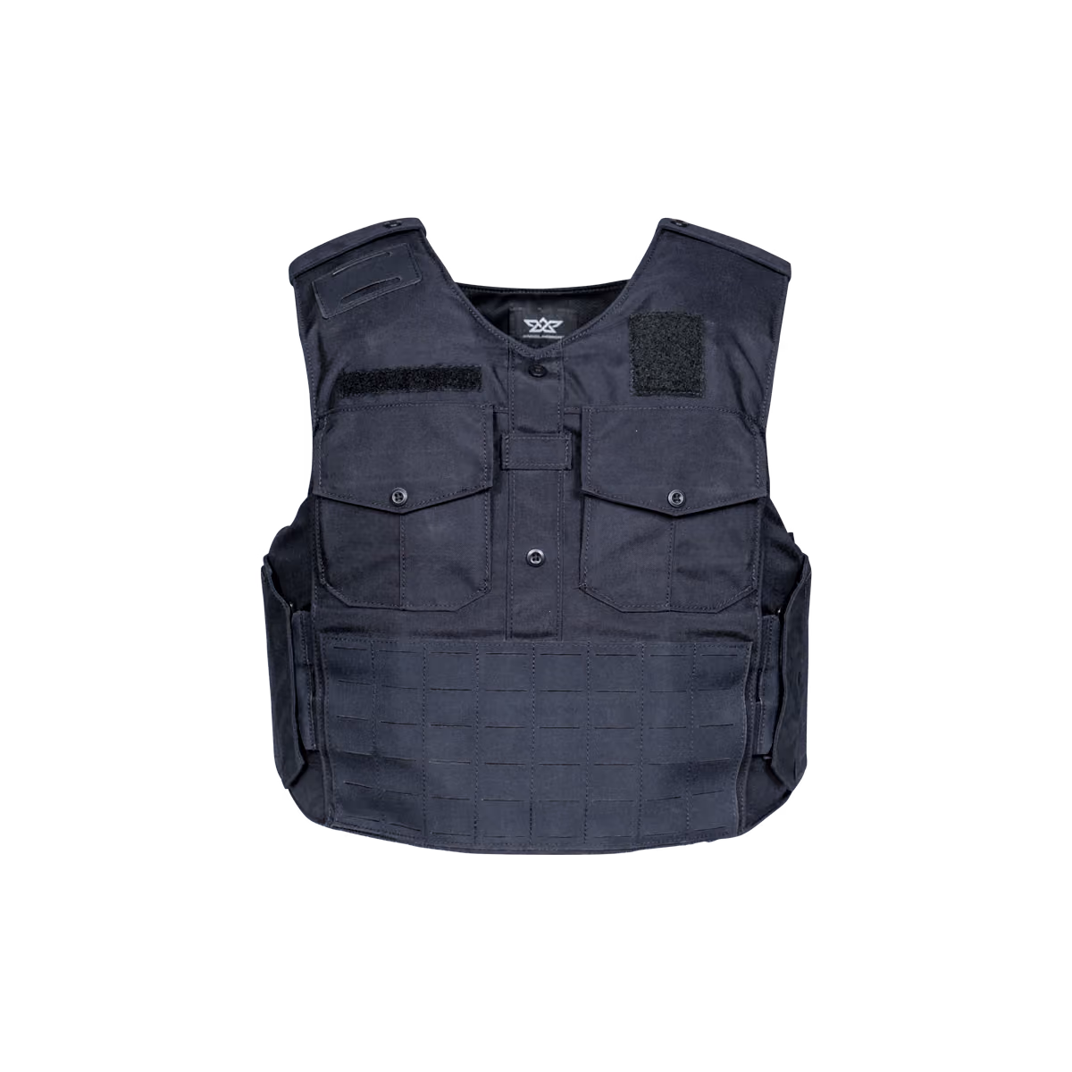 Black tactical vest with buttoned chest pockets and velcro patches on front shoulders.