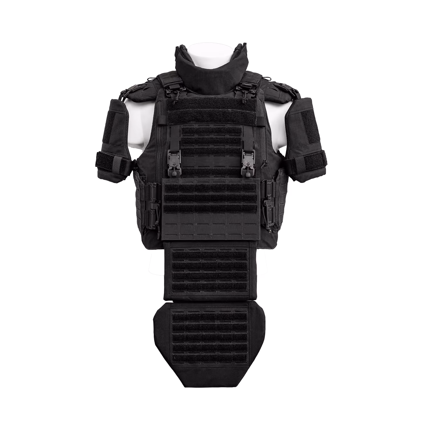 Black tactical body armor with shoulder and groin protection on a white mannequin torso.