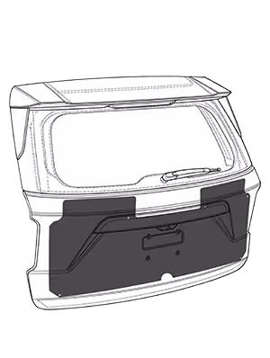 Illustration of a vehicle rear hatch with window, handle, and license plate area.