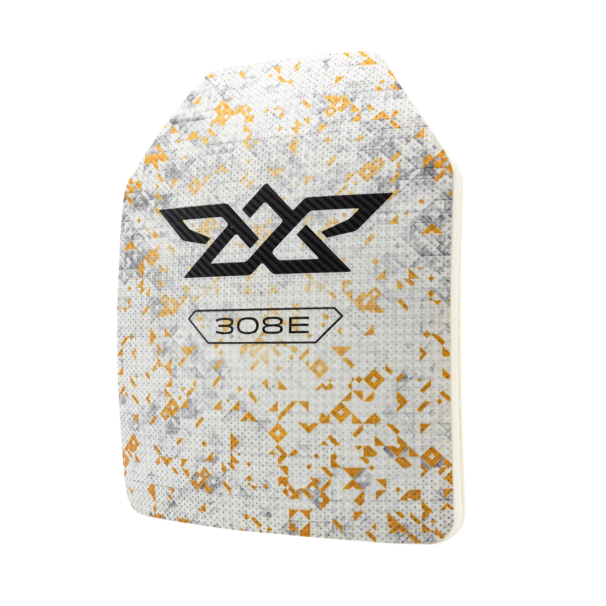 White and orange speckled tactical armor plate with black DX logo and 308E label.
