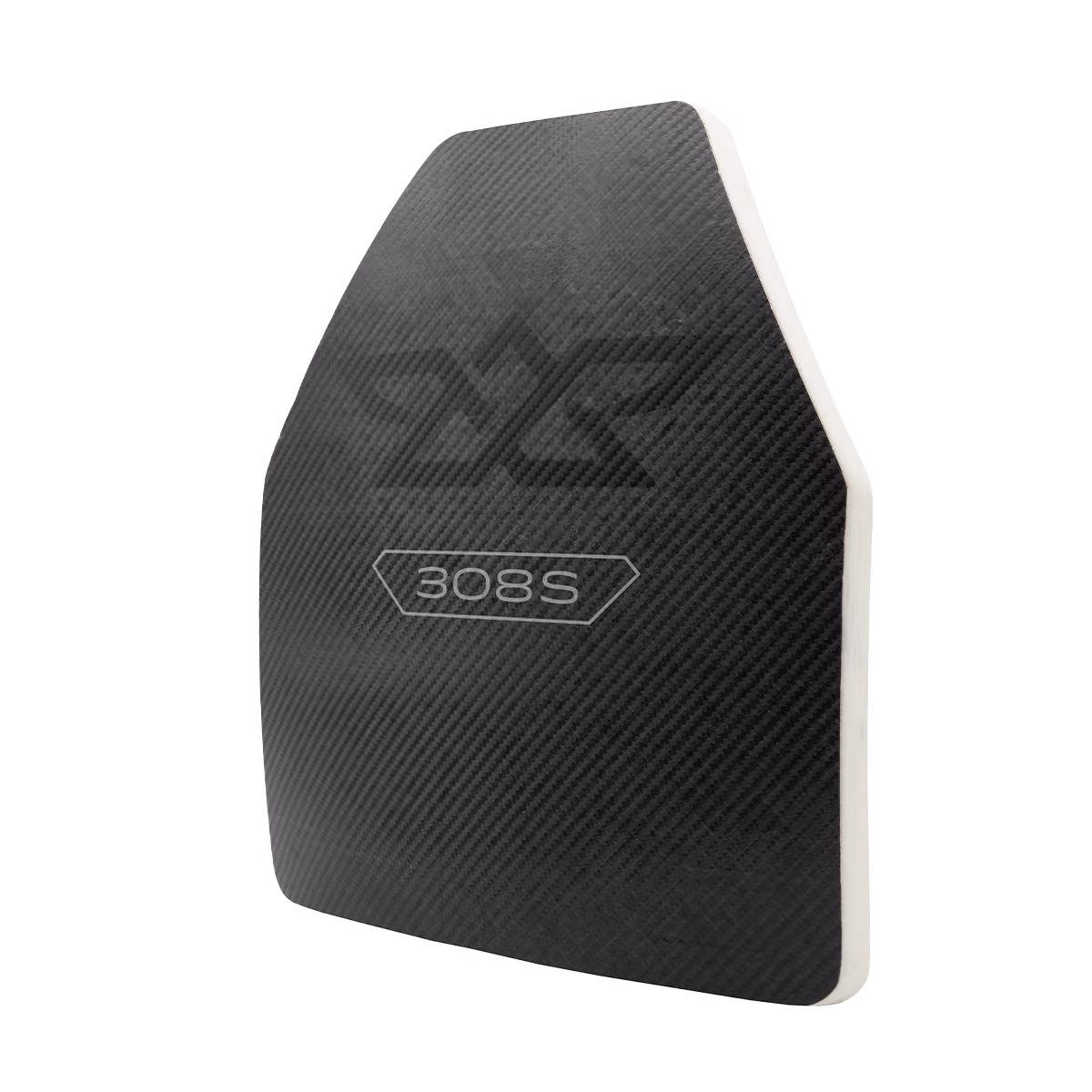 Black bulletproof plate with a carbon fiber texture and 308S label in white.