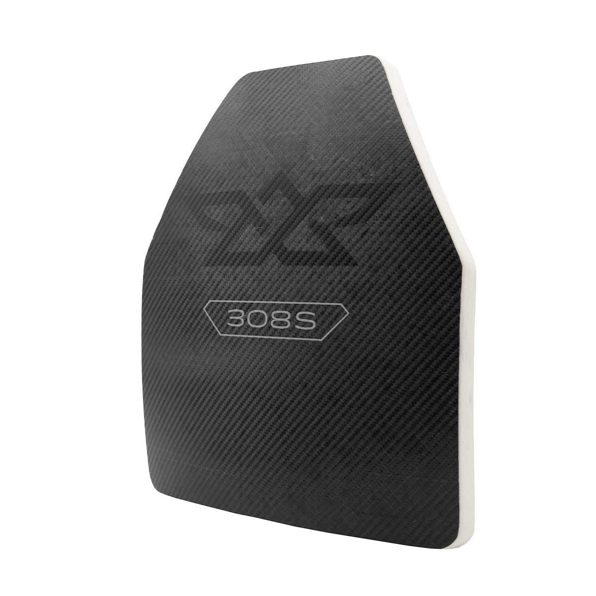 Black bulletproof plate with a carbon fiber texture and 308S label in white.