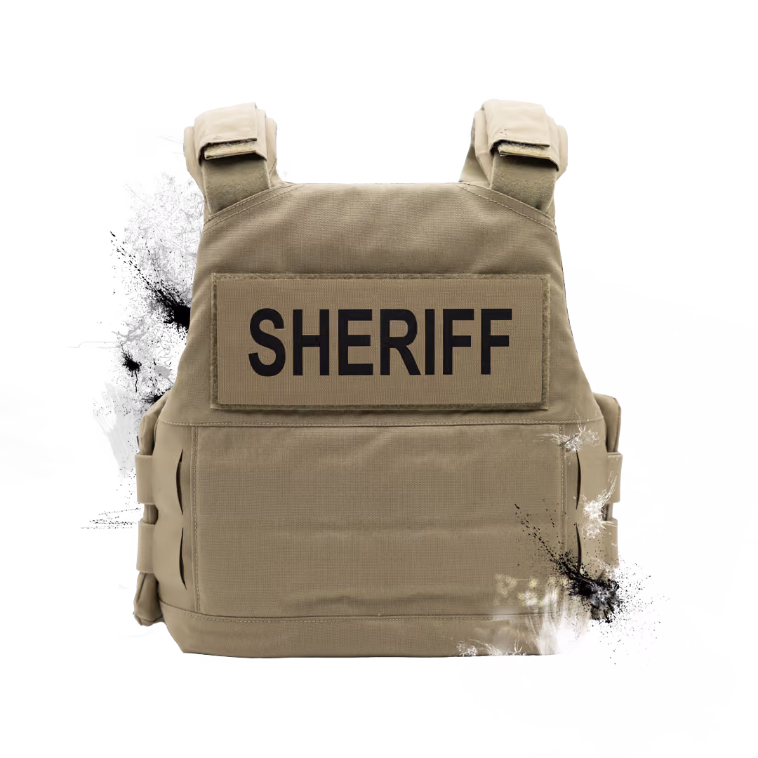 Tan tactical bulletproof vest with a patch labeled SHERIFF in black letters.