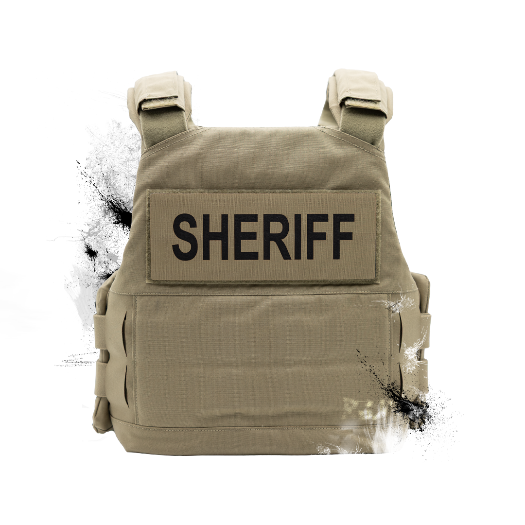 Tan tactical bulletproof vest with a patch labeled SHERIFF in black letters.
