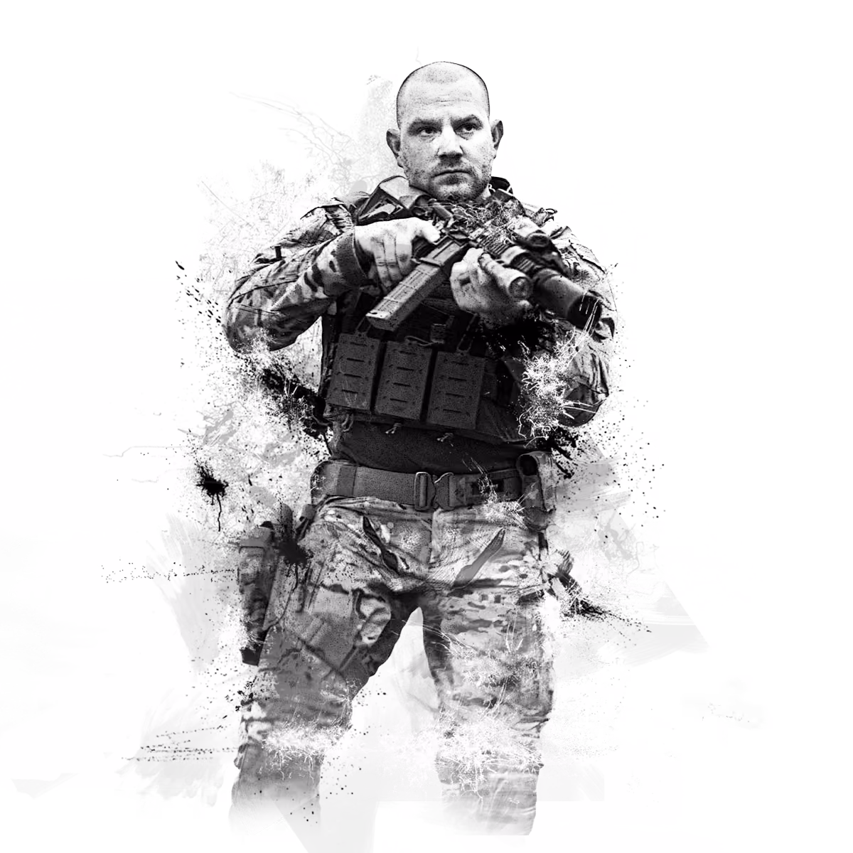 Soldier in tactical gear aiming a rifle, with artistic black and white paint splatter effects.