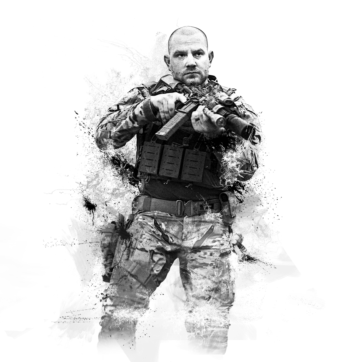 Soldier in tactical gear aiming a rifle, with artistic black and white paint splatter effects.