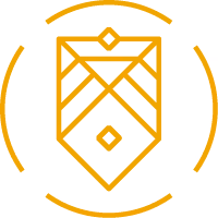 Stylized shield emblem with geometric lines and diamond shapes in orange on white background.