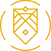 Stylized shield emblem with geometric lines and diamond shapes in orange on white background.