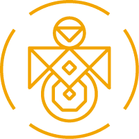 Abstract geometric gold design with circle, diamond shapes, and segmented outer arcs on white background.