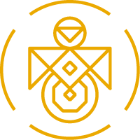 Abstract geometric gold design with circle, diamond shapes, and segmented outer arcs on white background.