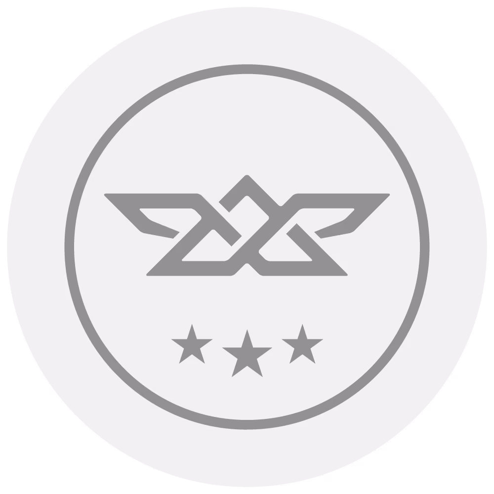 Circular emblem with a geometric winged design above three stars inside a ring.
