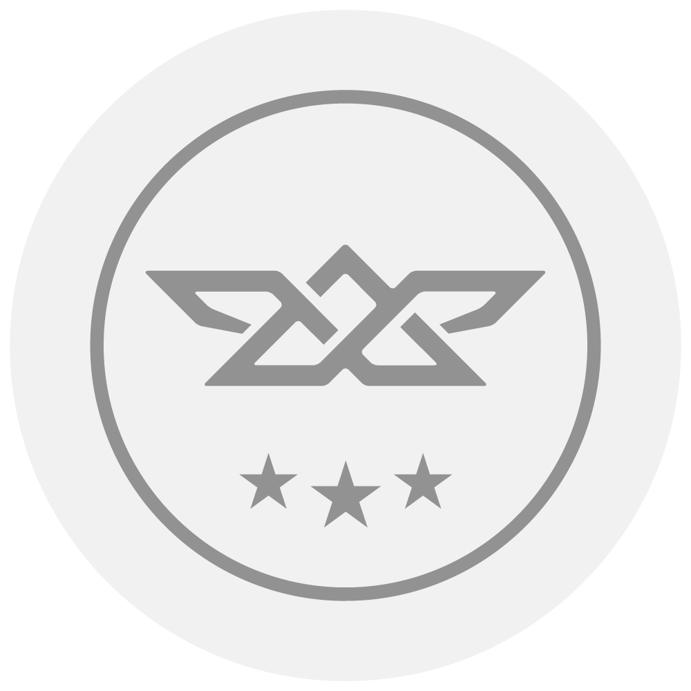 Circular emblem with a geometric winged design above three stars inside a ring.