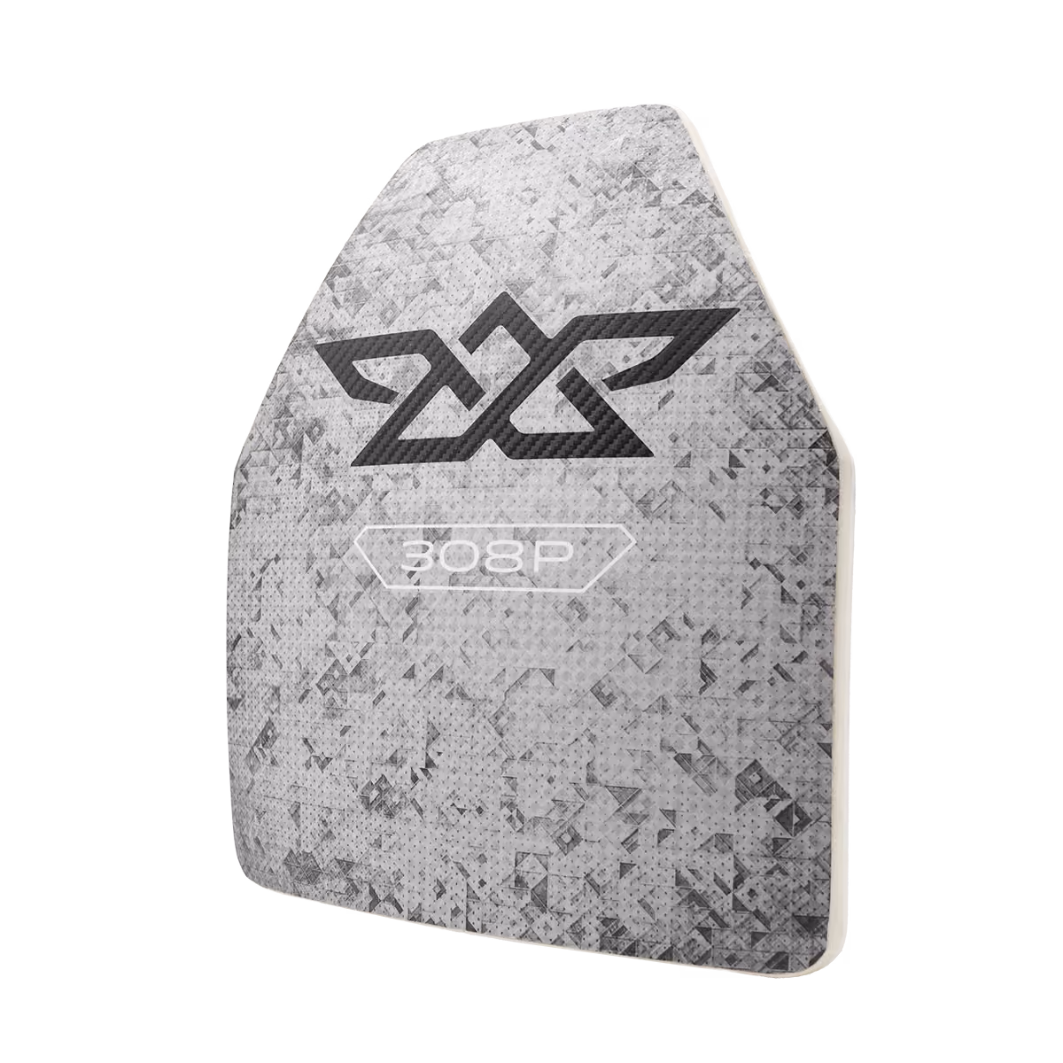 Gray ballistic plate with digital camouflage pattern and black 2X logo above 308P text.