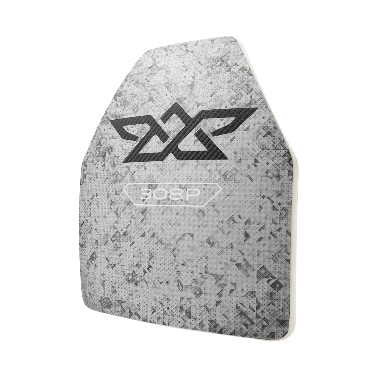 Gray ballistic plate with digital camouflage pattern and black 2X logo above 308P text.