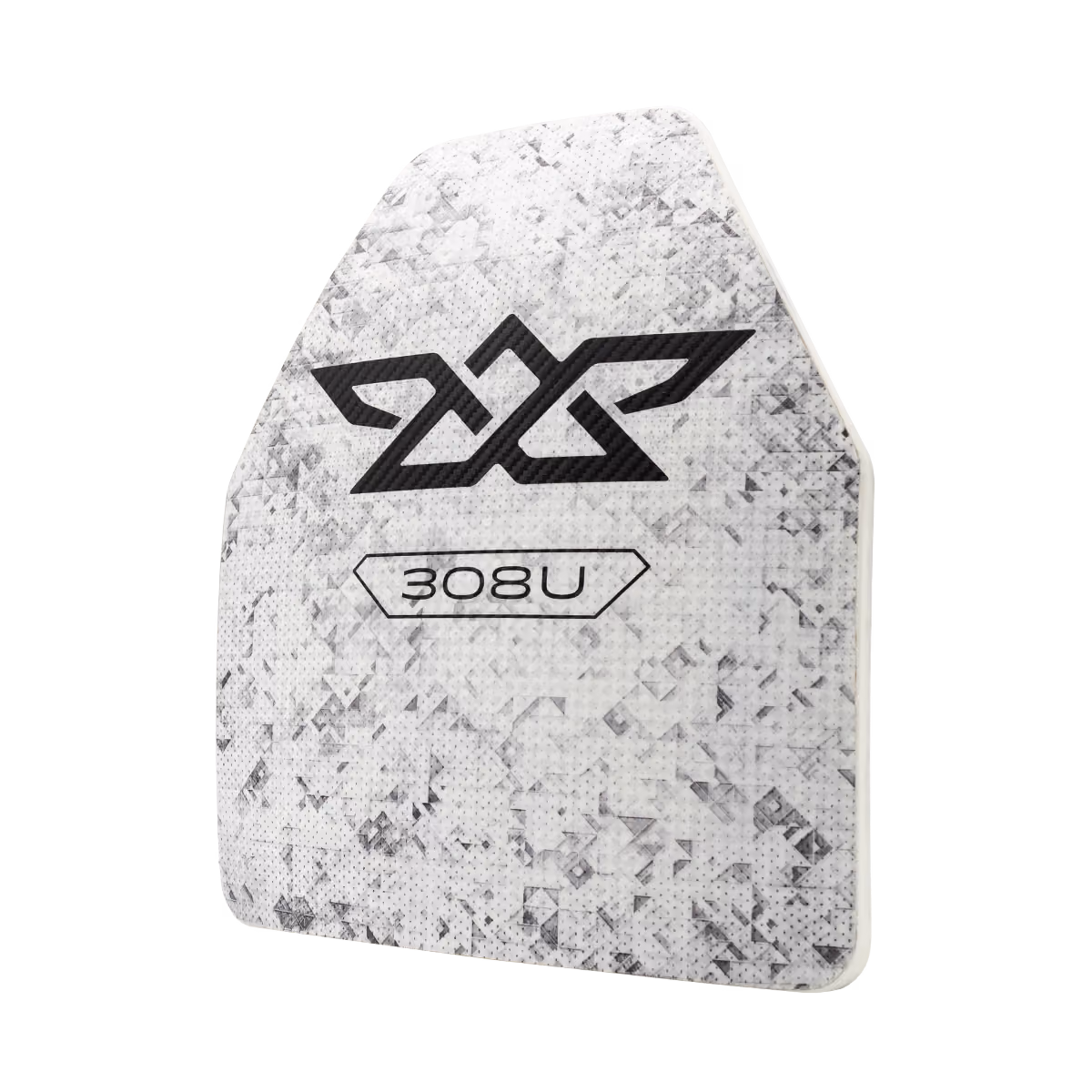 White and gray body armor plate with black geometric 2XP logo and 308U label.