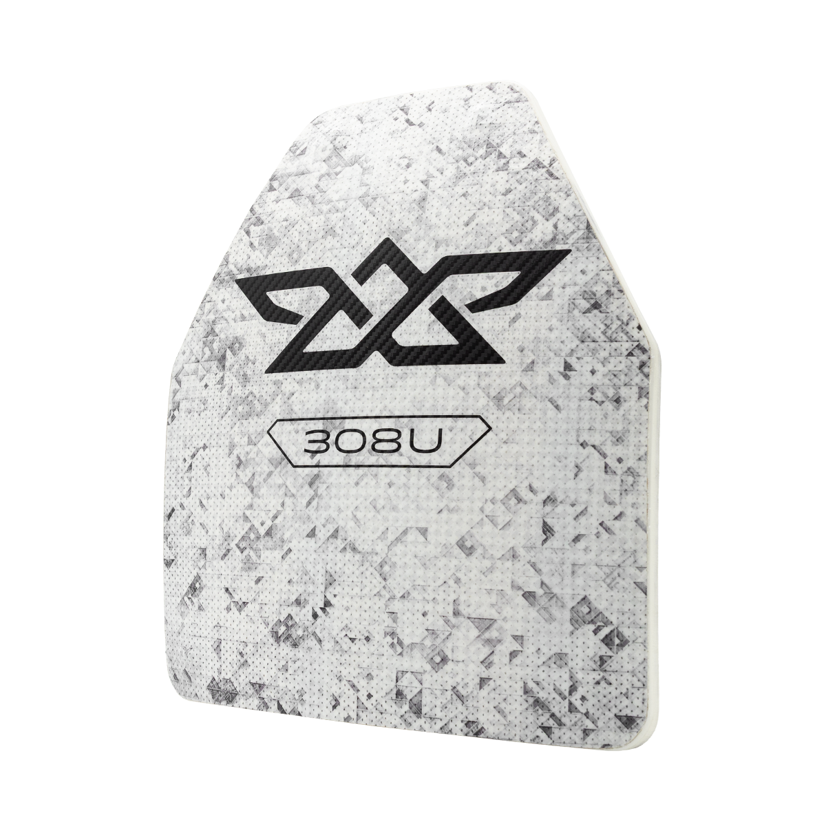 White and gray body armor plate with black geometric 2XP logo and 308U label.