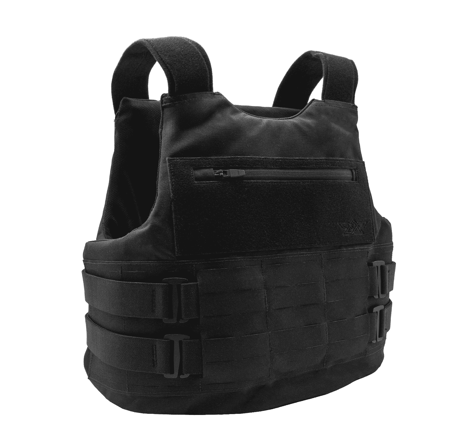 Black tactical body armor vest with adjustable side straps and a zippered chest pocket.