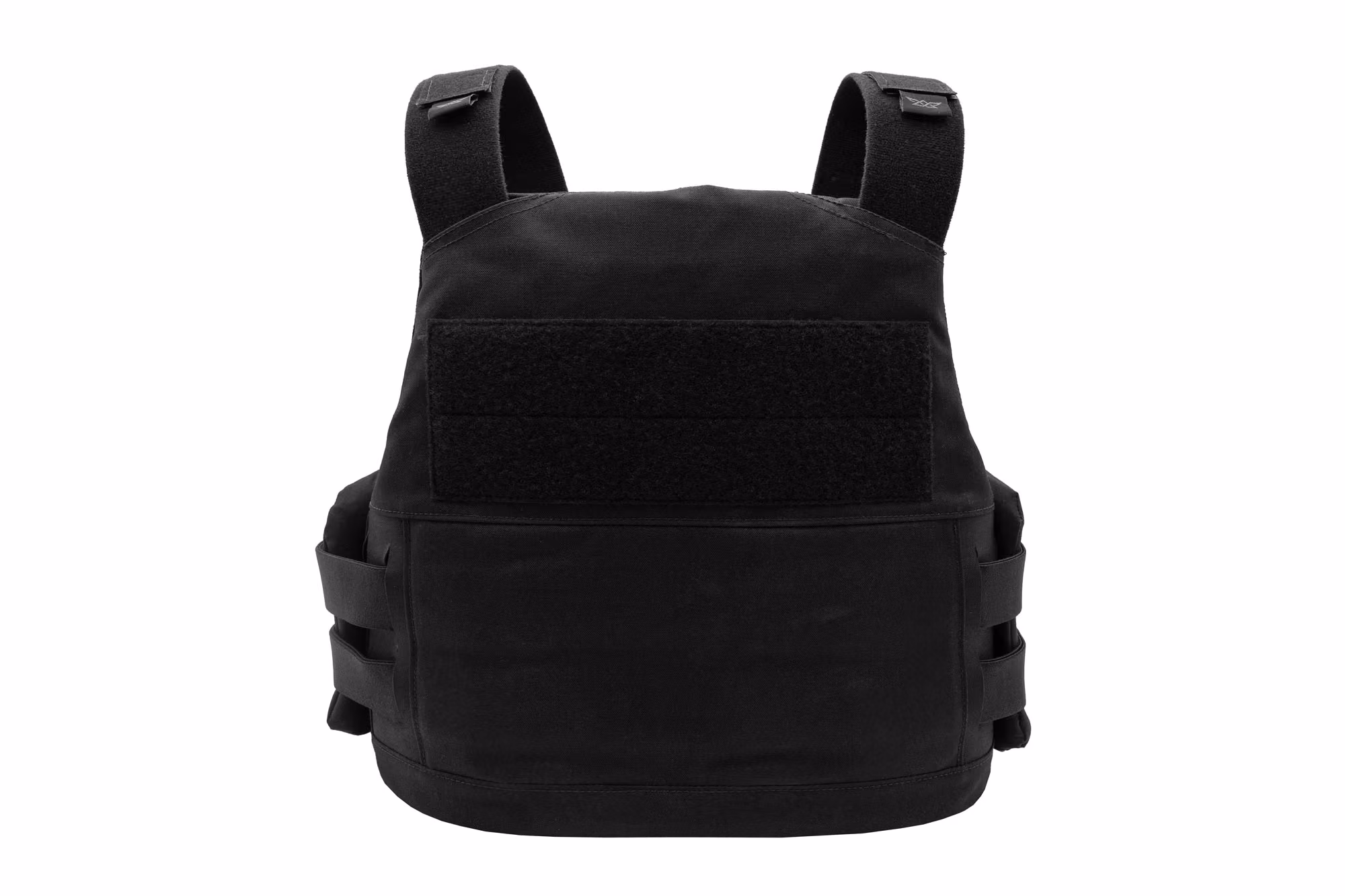 Black tactical vest with adjustable shoulder and side straps against a white background.