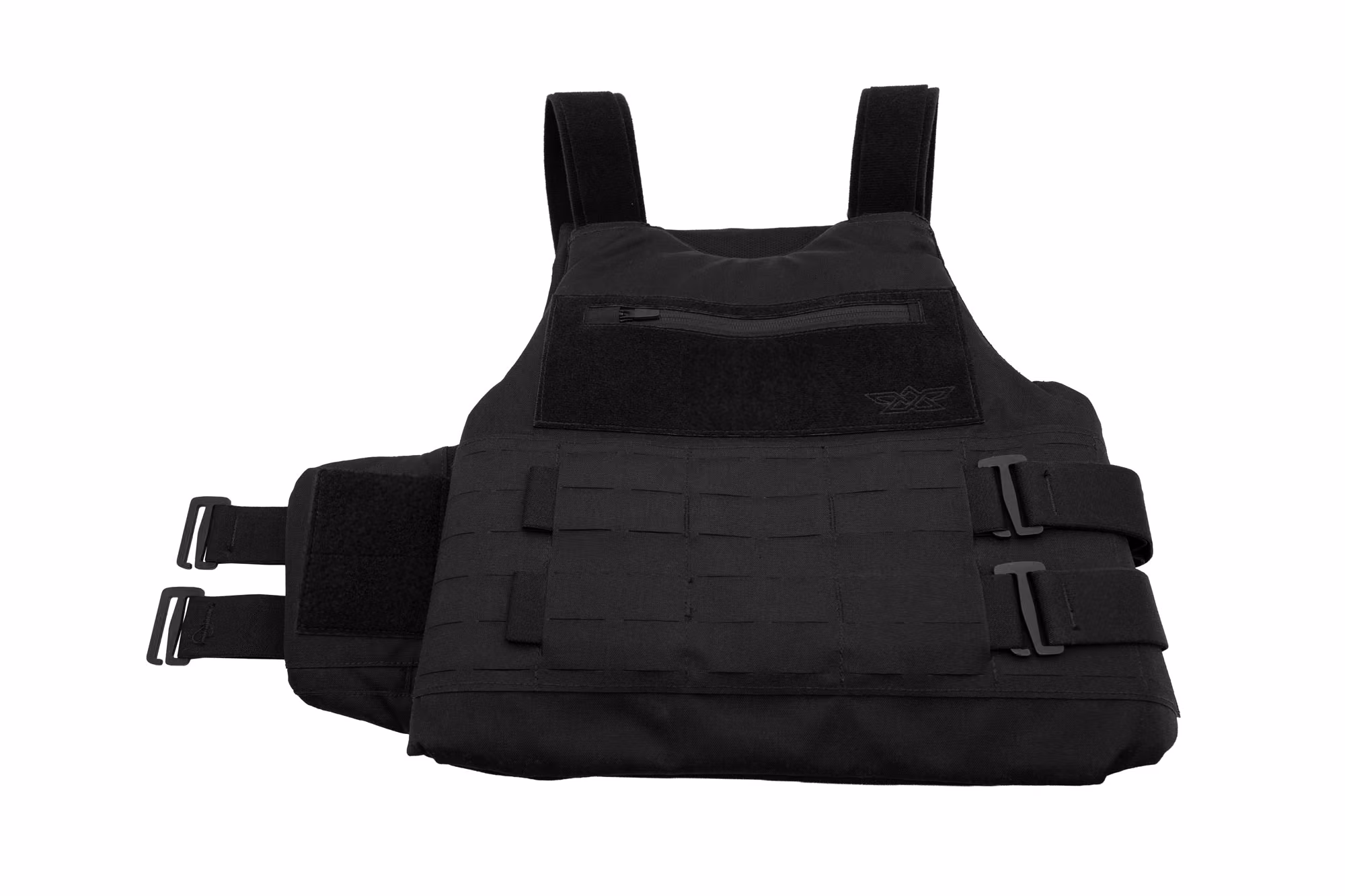 Black tactical vest with adjustable straps and front zipper pocket on a white background.