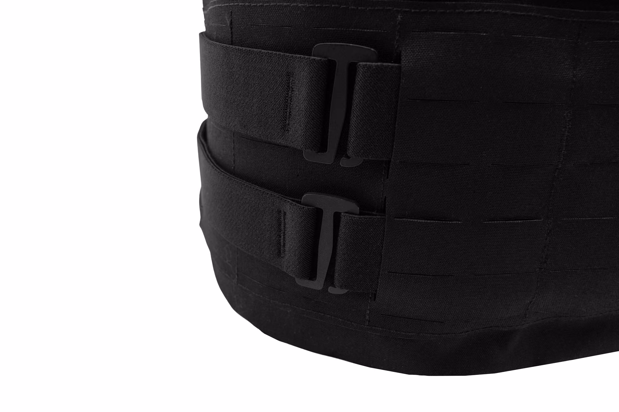 Close-up of black tactical gear with two adjustable straps and plastic buckles.