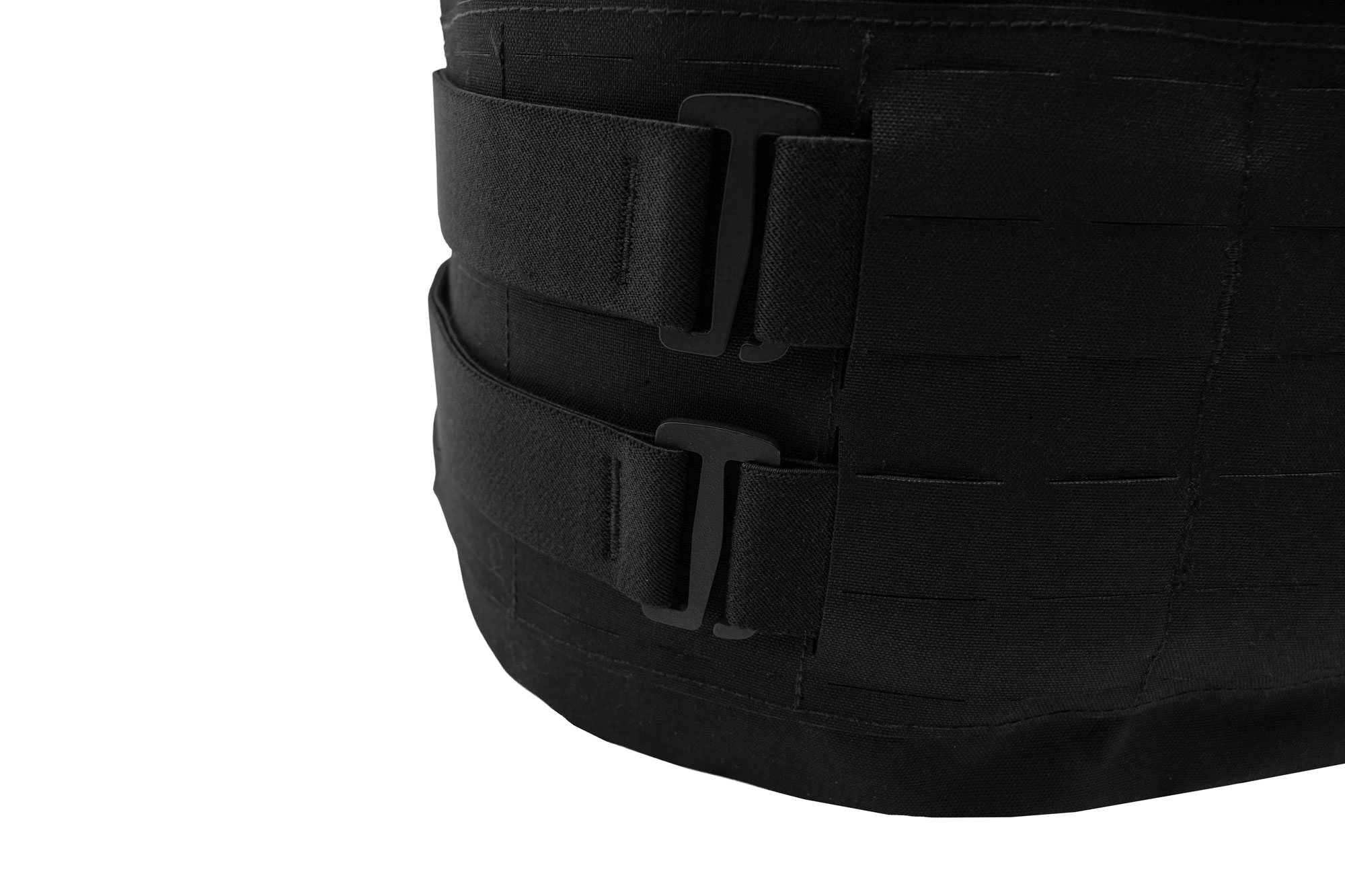 Close-up of black tactical gear with two adjustable straps and plastic buckles.