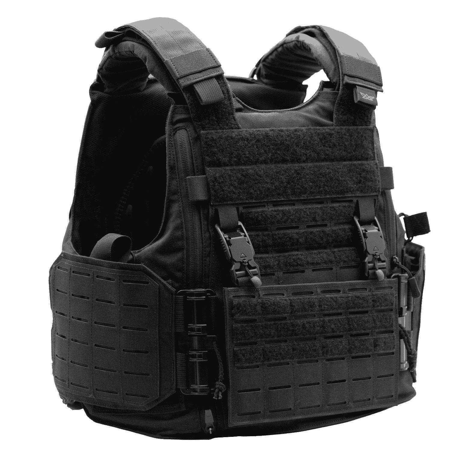 Black tactical body armor vest with adjustable straps and buckle closures.