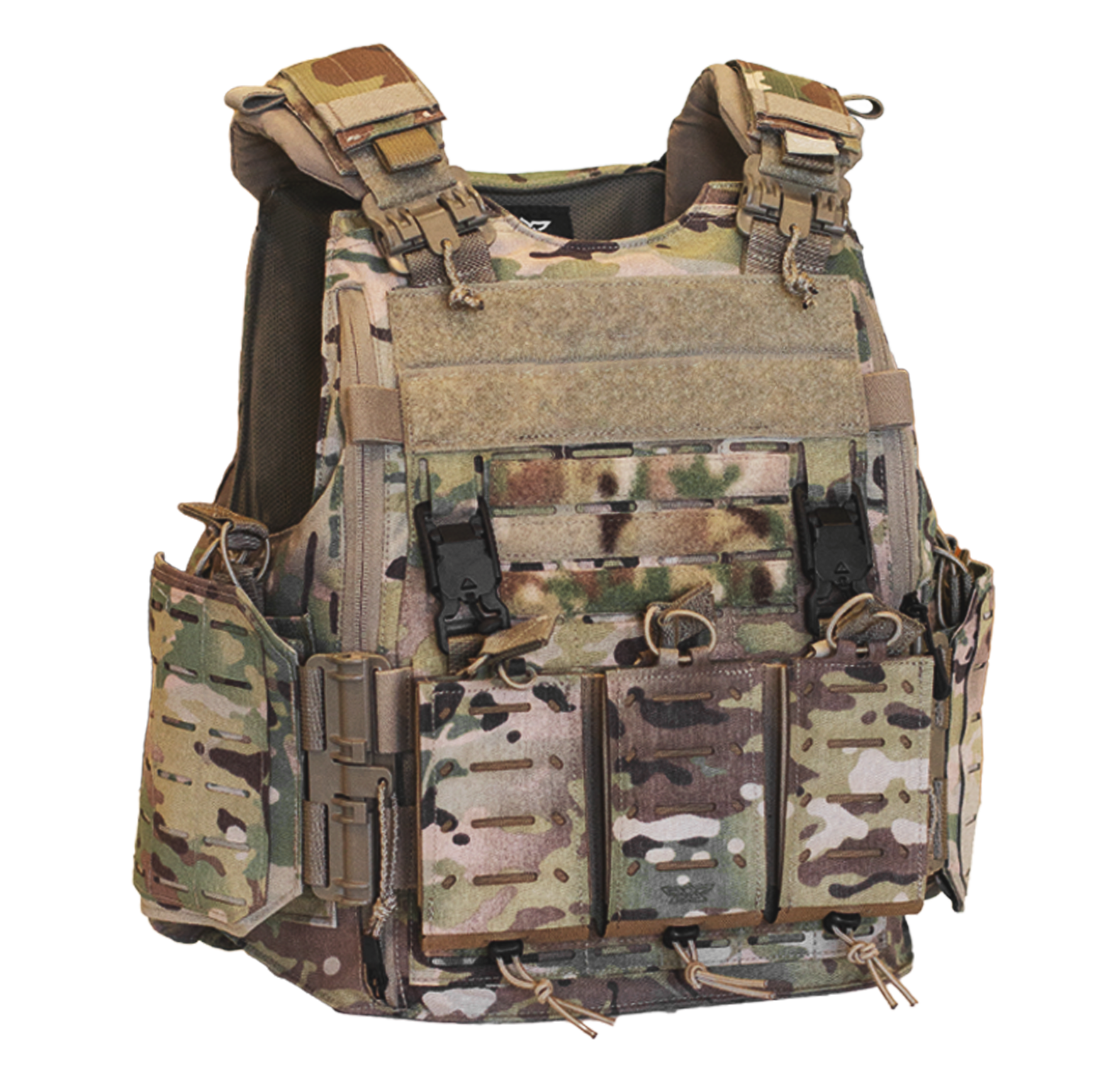 Multicam tactical plate carrier vest with adjustable shoulder straps and multiple utility pouches.