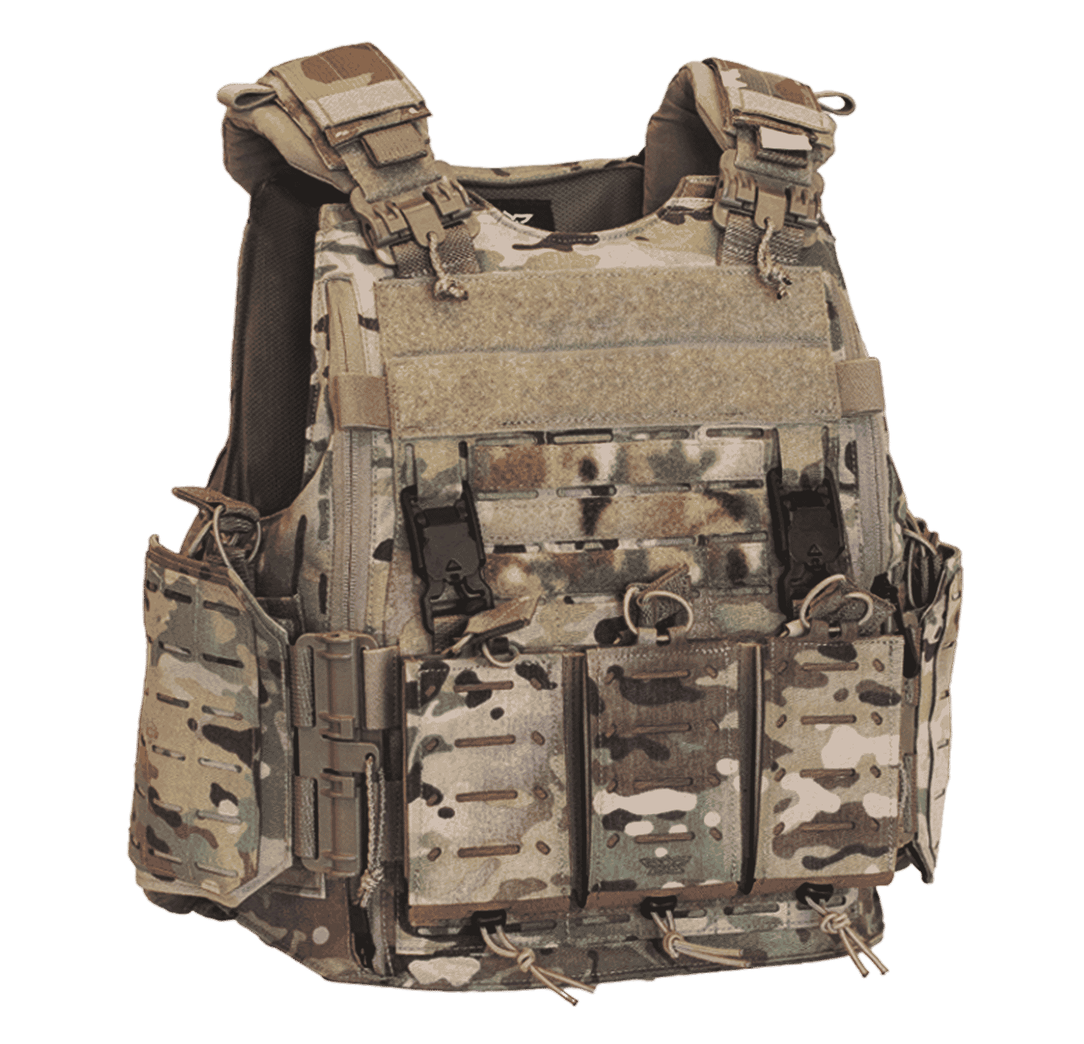 Multicam tactical plate carrier vest with adjustable shoulder straps and multiple utility pouches.