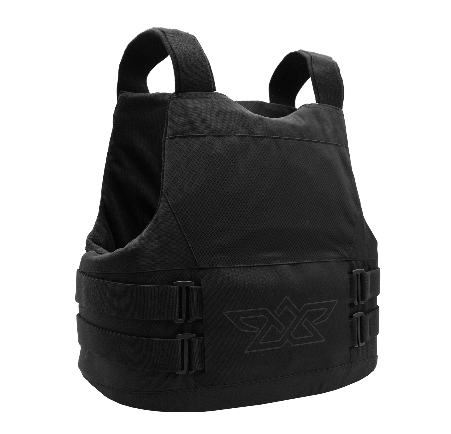 Black tactical vest with adjustable side straps and padded shoulder sections.