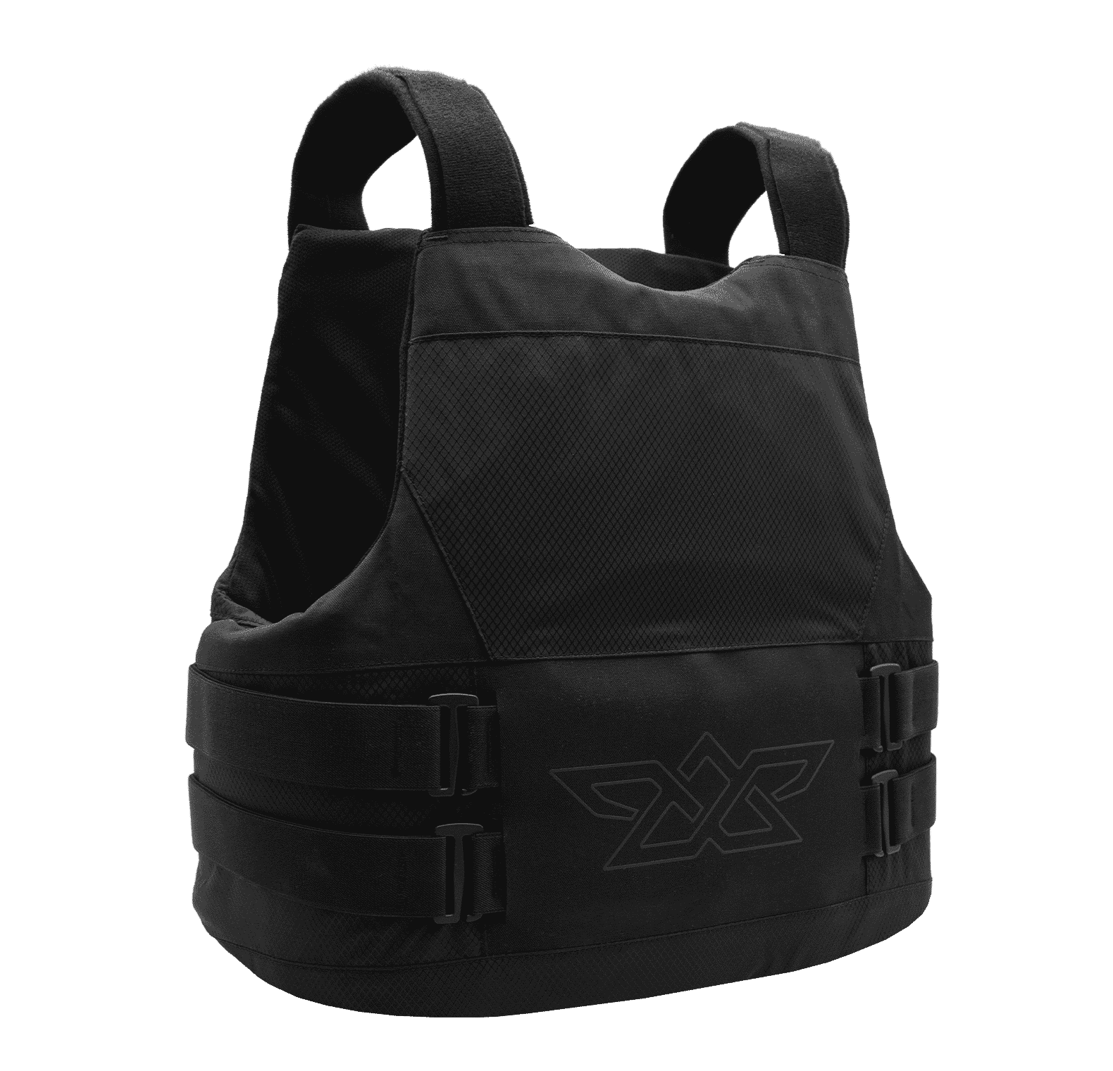 Black tactical vest with adjustable side straps and padded shoulder sections.