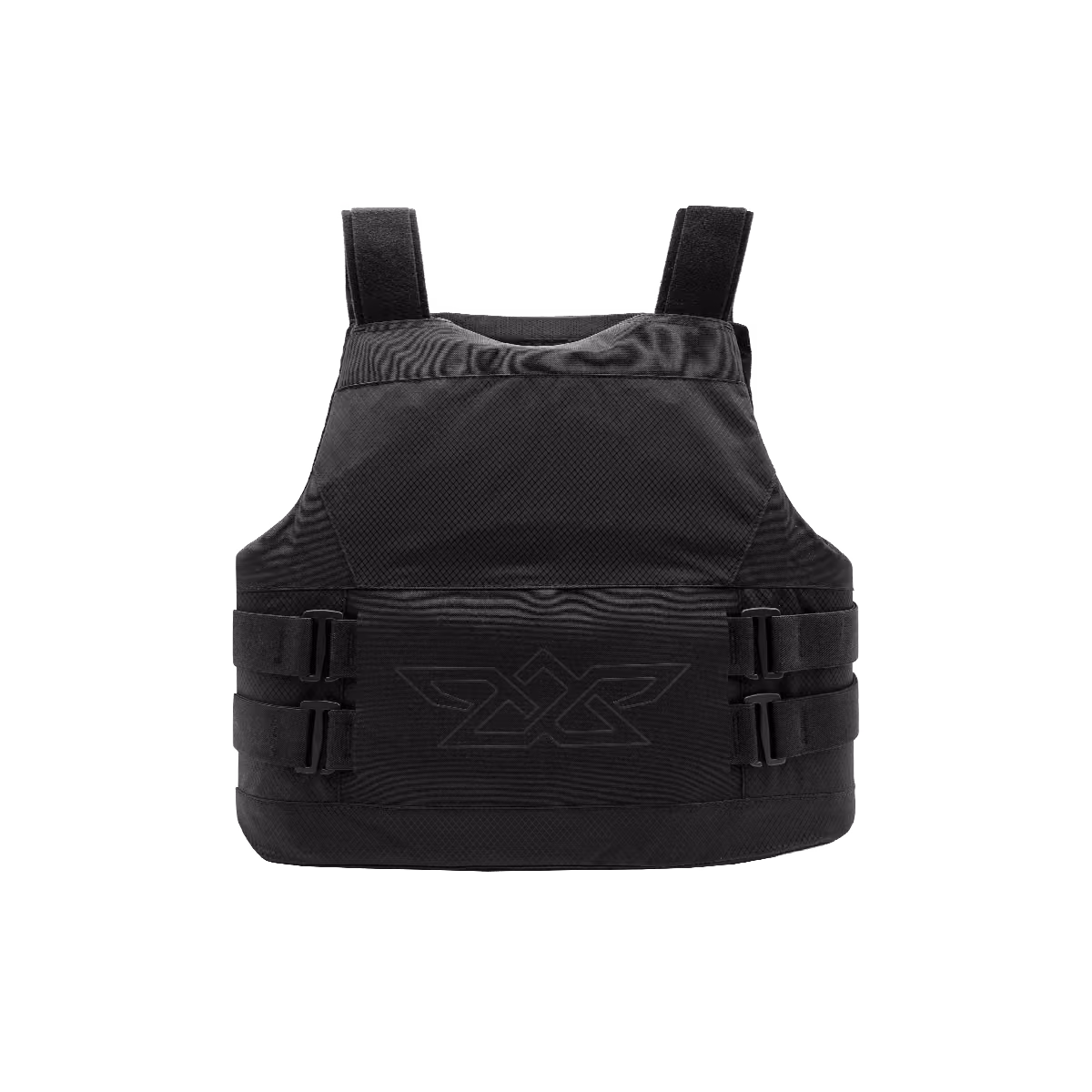 Black tactical vest with adjustable straps and a faint geometric logo on front panel.