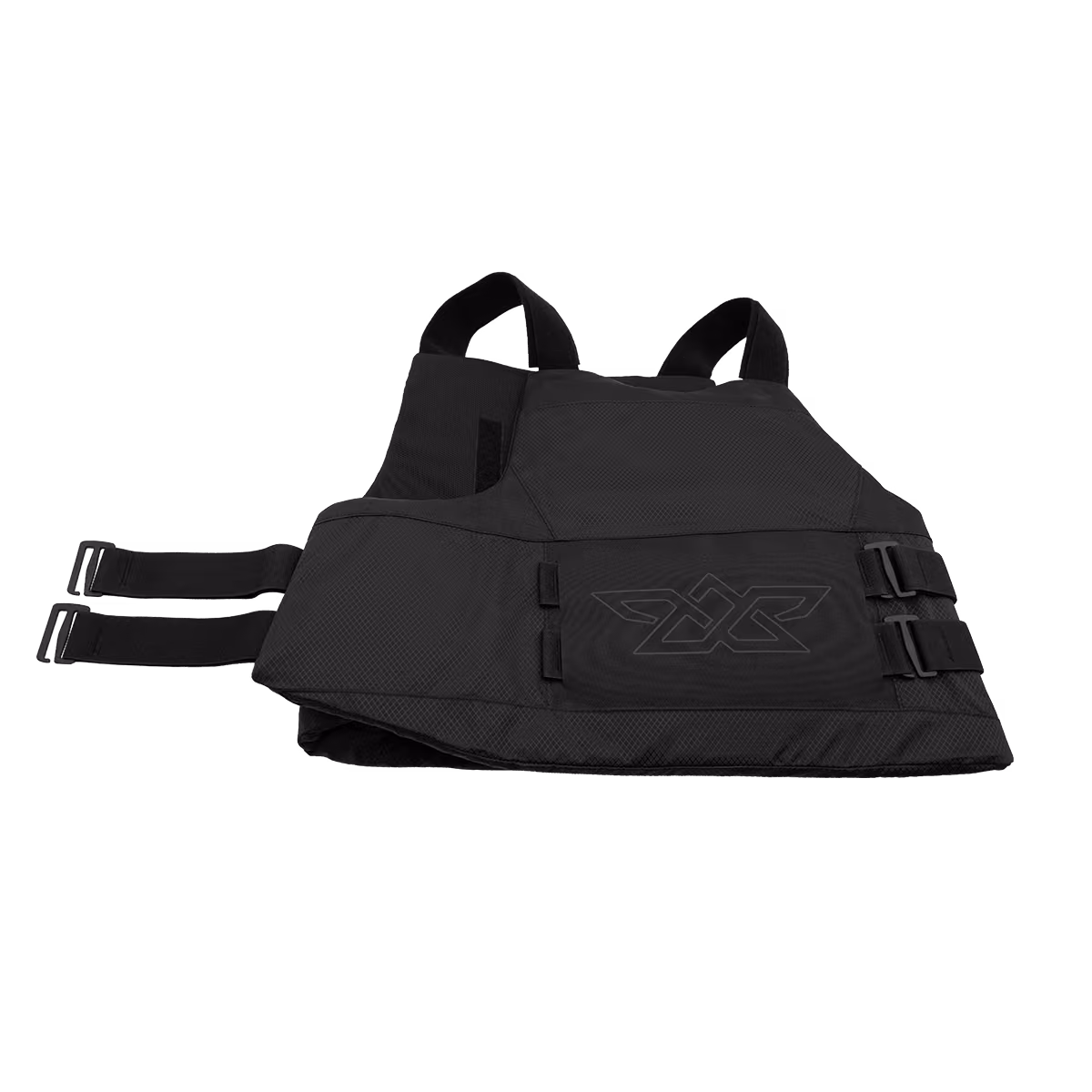 Black tactical vest with adjustable side straps and a subtle logo on the front panel.