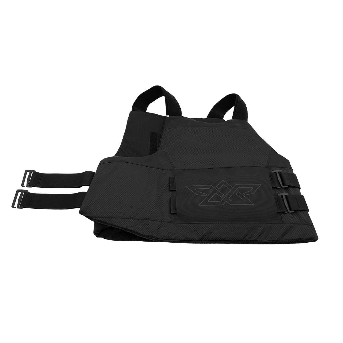 Black tactical vest with adjustable side straps and a subtle logo on the front panel.