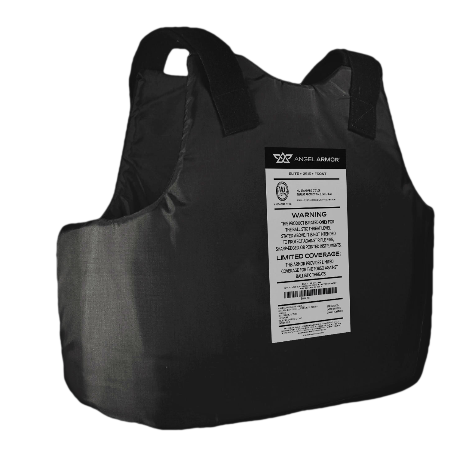Black bulletproof vest with Angel Armor label and ballistic threat warning on front panel.