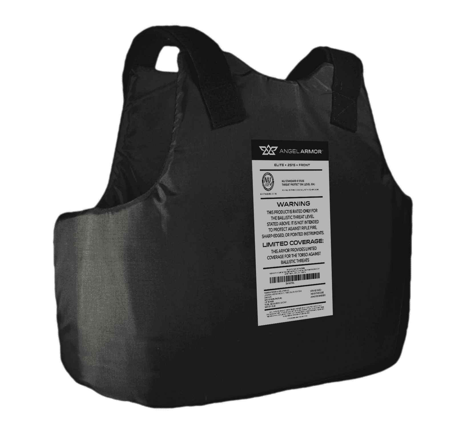 Black bulletproof vest with Angel Armor label and ballistic threat warning on front panel.