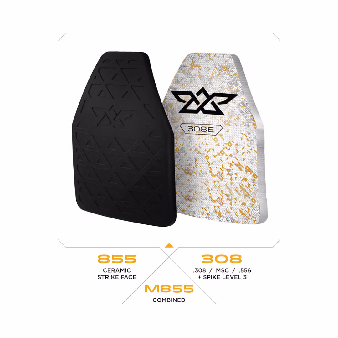 Two body armor plates side by side: black ceramic strike face 855 and 308E with spike level 3 rating.