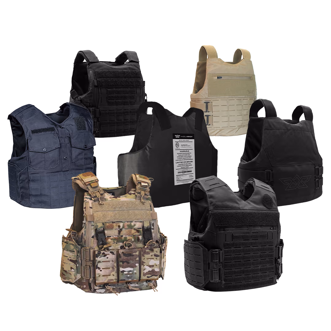 Seven tactical body armor vests in black, tan, blue, and camouflage colors arranged on white background.