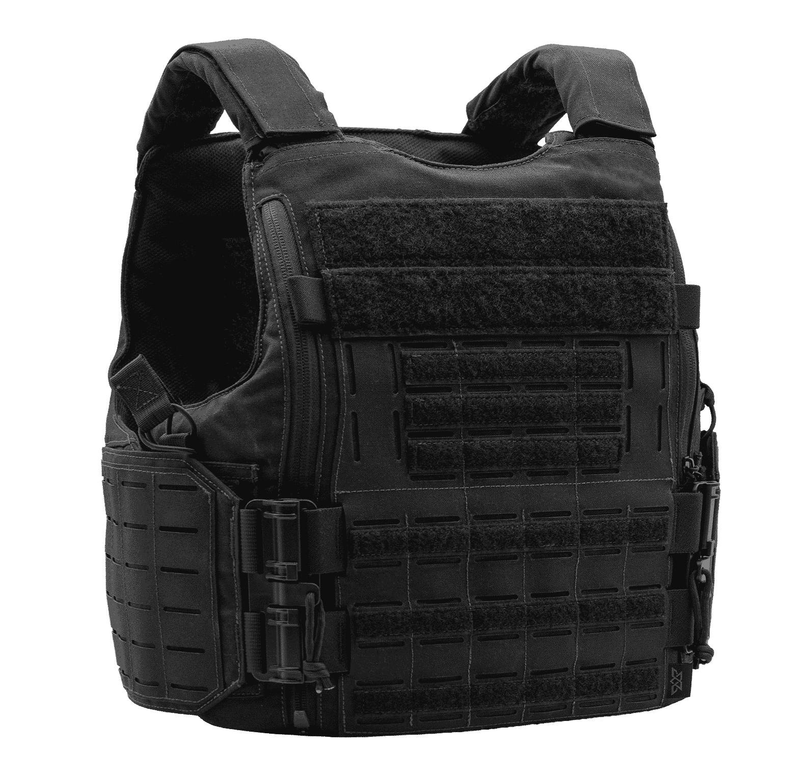 Black tactical vest with padded shoulders, adjustable straps, and MOLLE webbing on front and sides.