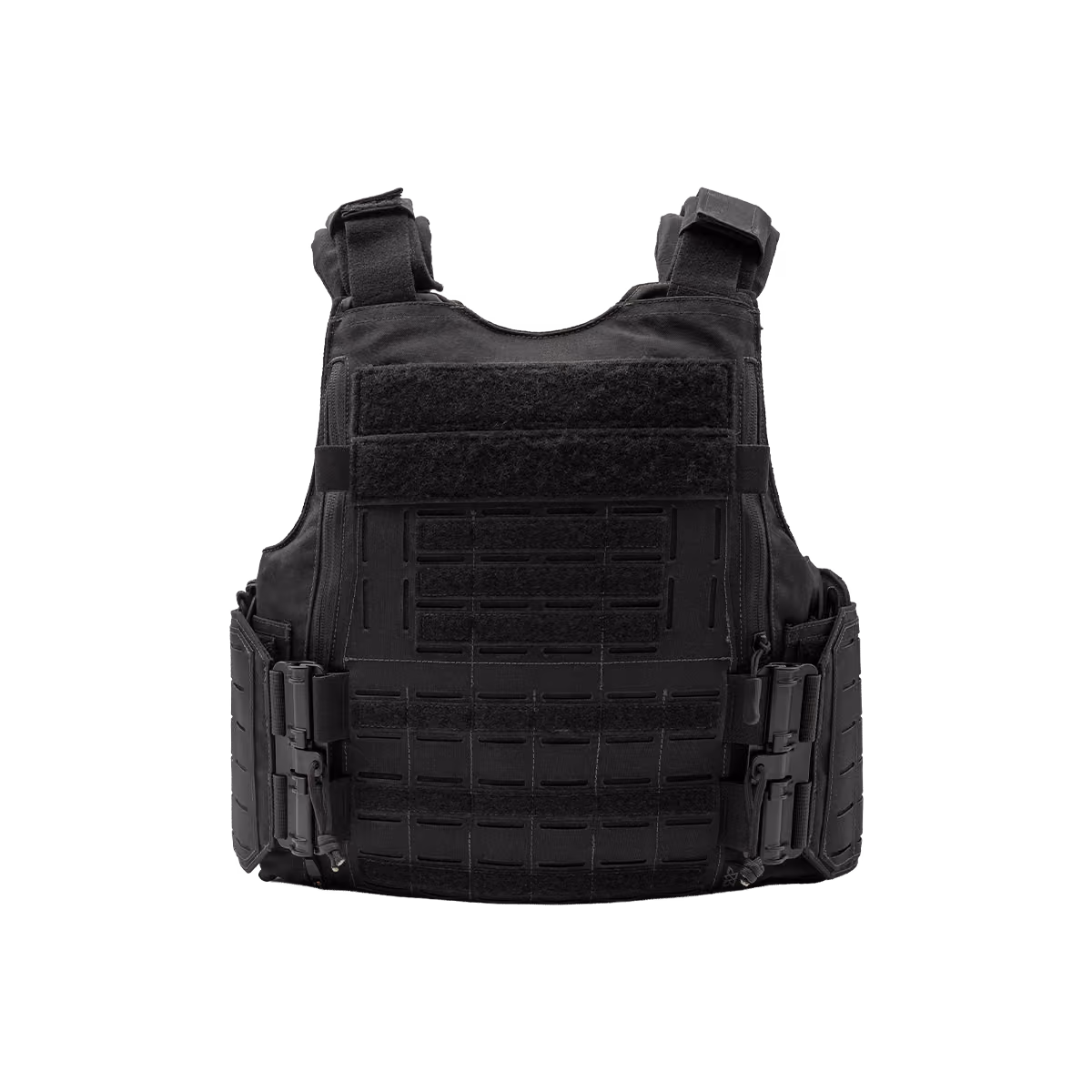 Front view of a black tactical plate carrier vest with adjustable shoulder straps and MOLLE webbing.