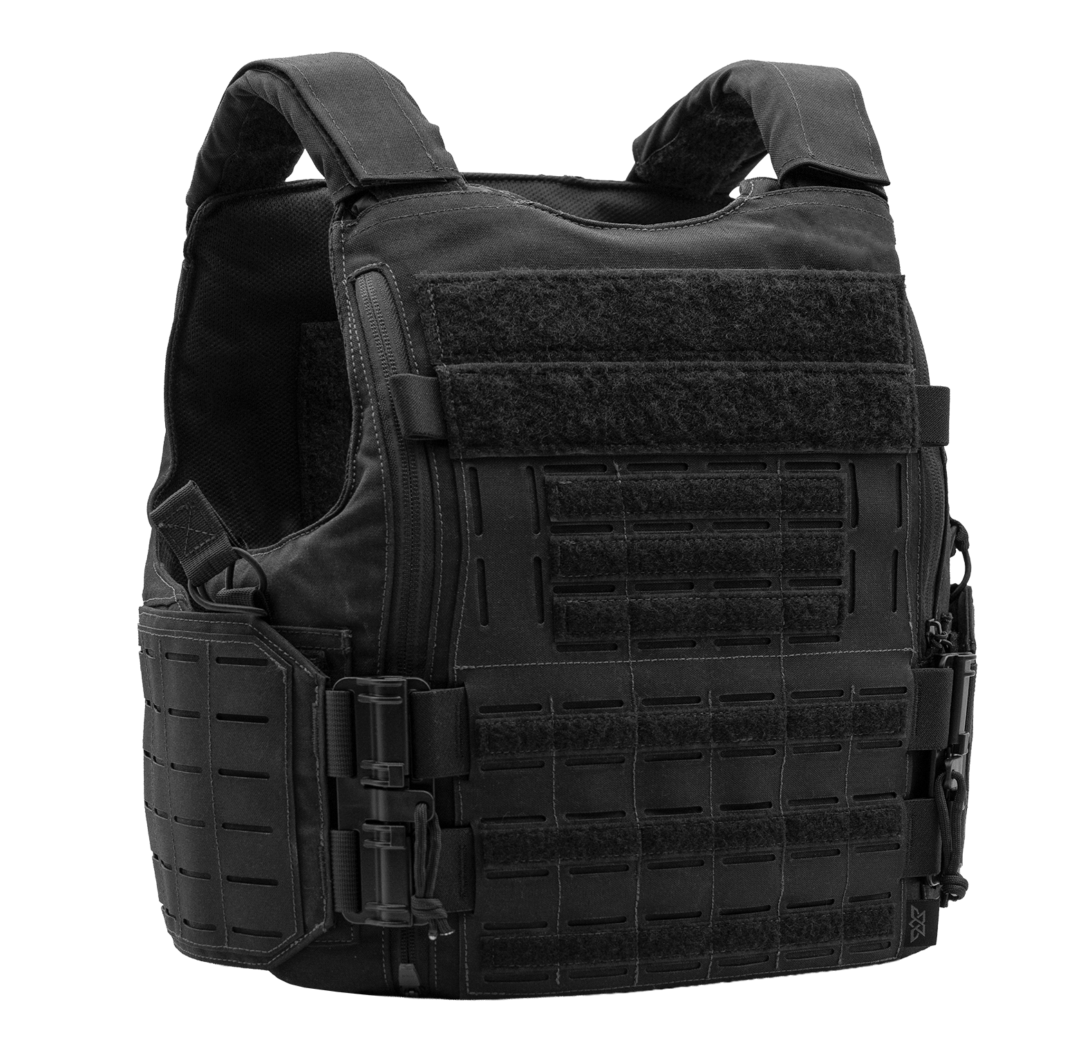 Black tactical bulletproof vest with adjustable straps and Velcro patches.