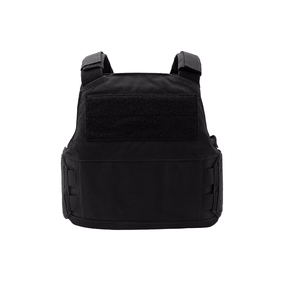 Black tactical body armor vest with shoulder straps and Velcro patch area on the chest.