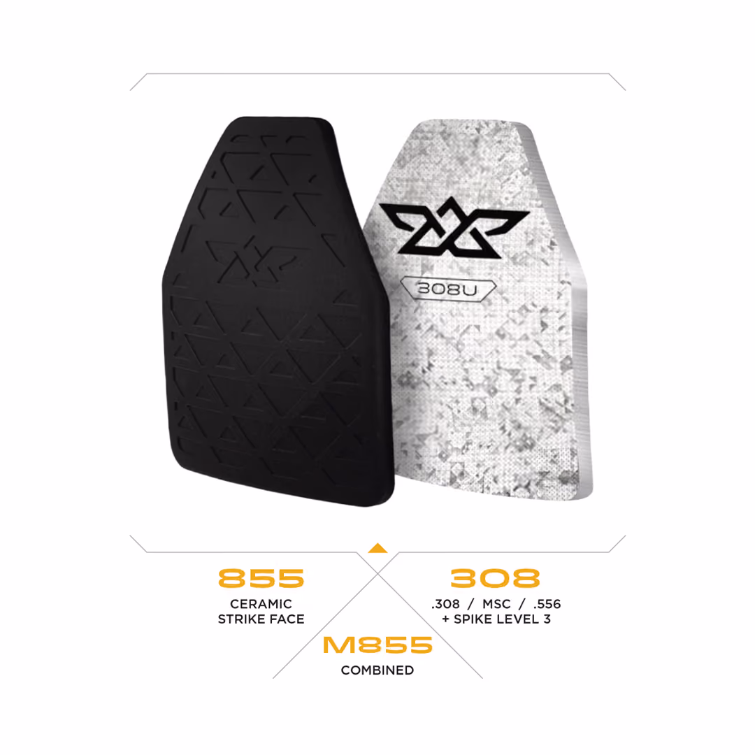 Black ceramic strike face plate and white 308U armor plate shown side by side with specs.