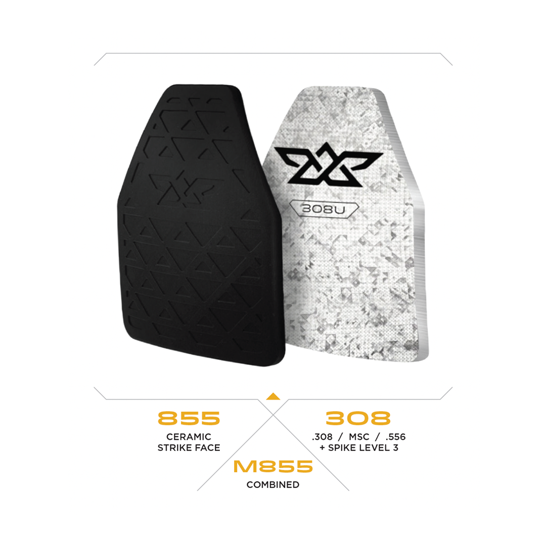 Black ceramic strike face plate and white 308U armor plate shown side by side with specs.