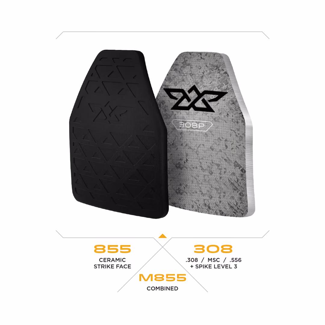 Two protective armor plates side by side labeled 855 ceramic and 308P spike level 3 combined as M855.