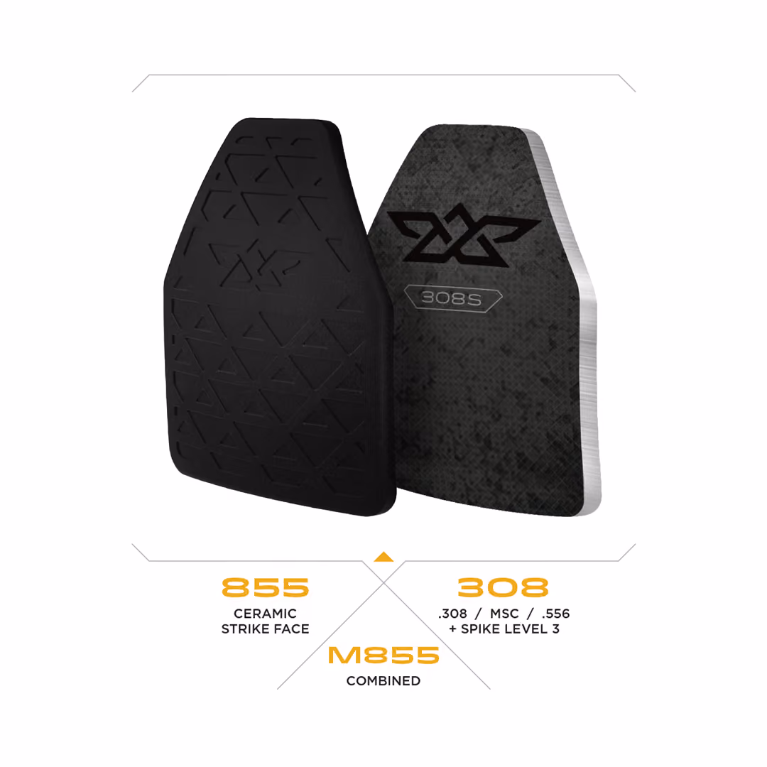 Two body armor plates labeled 855 ceramic strike face and 308 with spike level 3 protection.