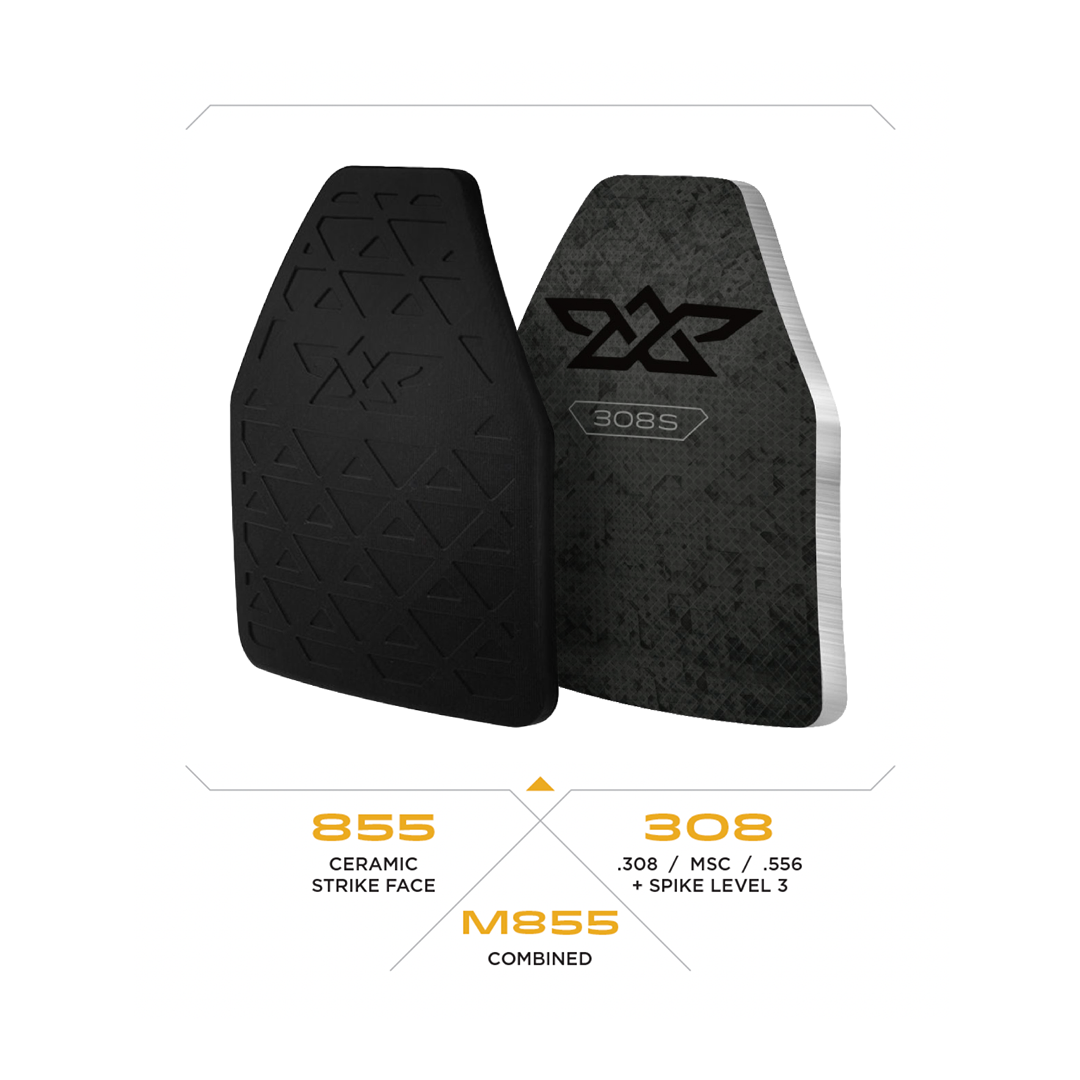 Two body armor plates labeled 855 ceramic strike face and 308 with spike level 3 protection.