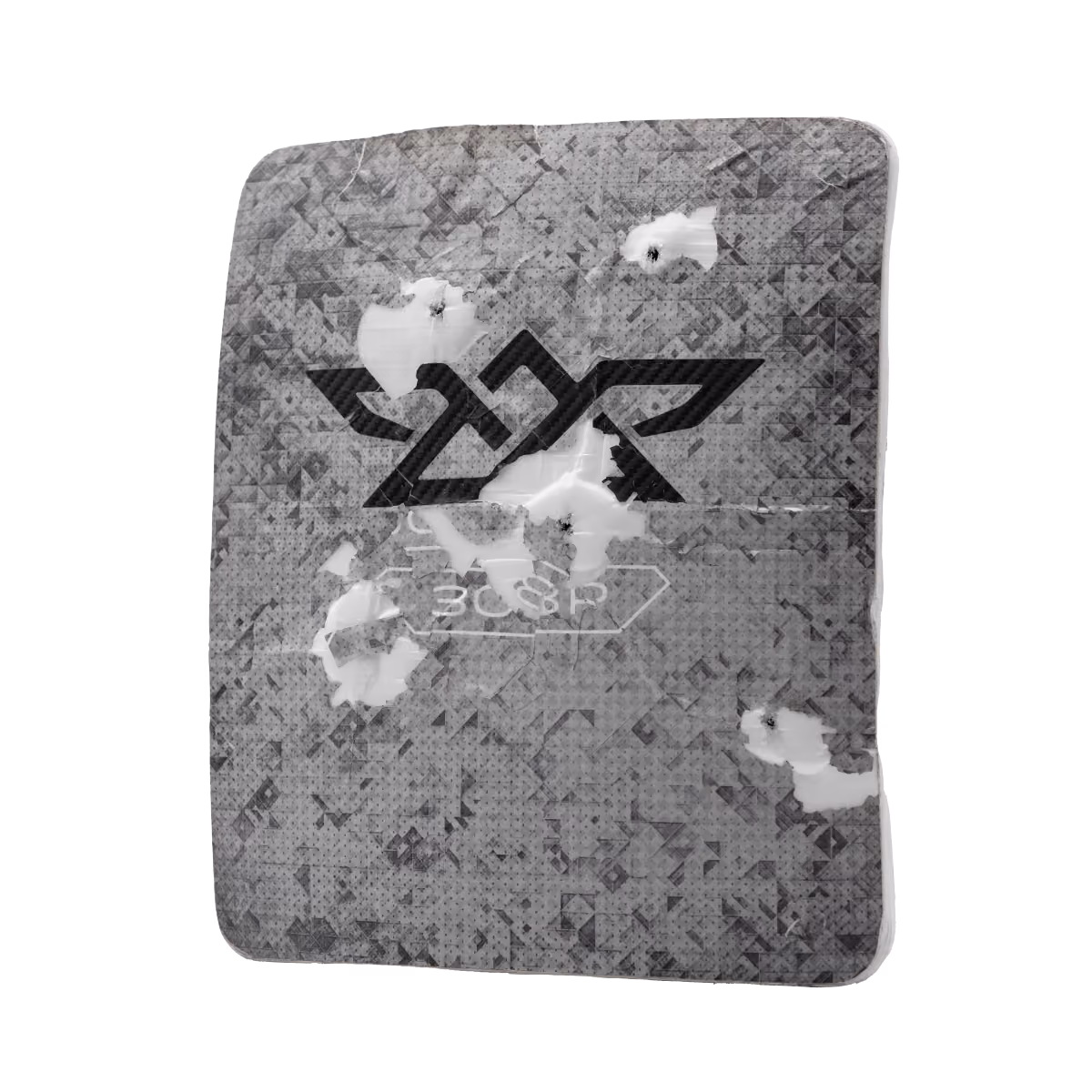 Gray textured shooting target with multiple bullet holes and black geometric logo in center.